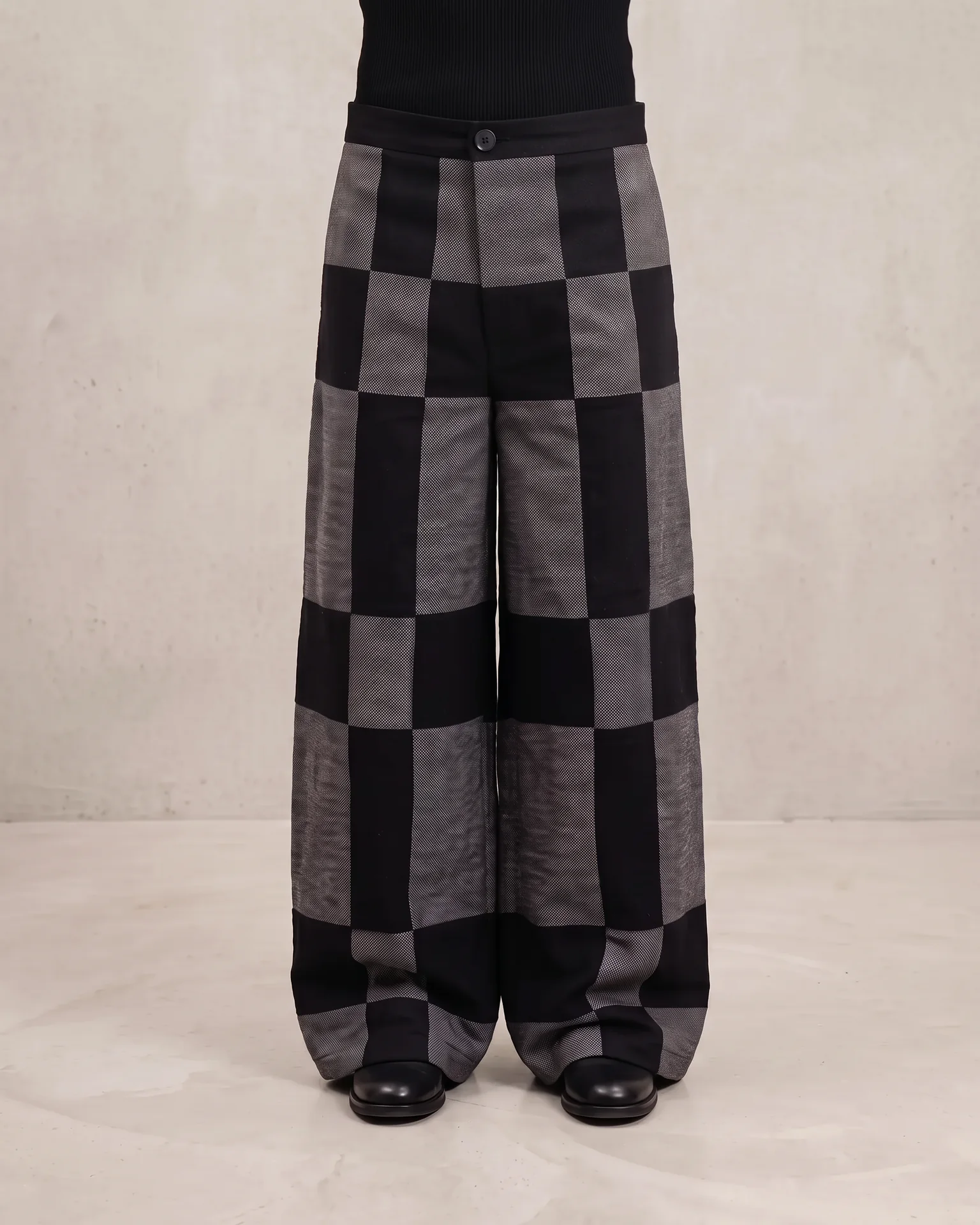 Checkerboard wide trouser, full front view