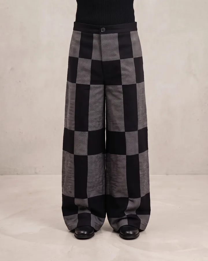 Checkerboard wide trouser, full front view