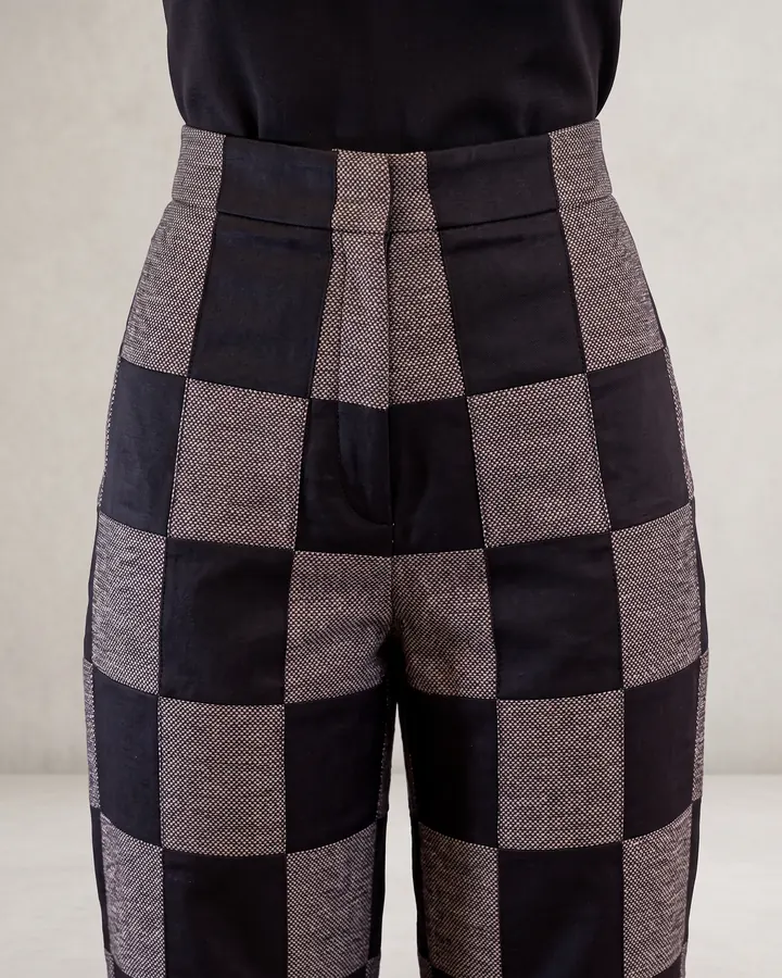 Checkerboard wide trouser, back detail close-up