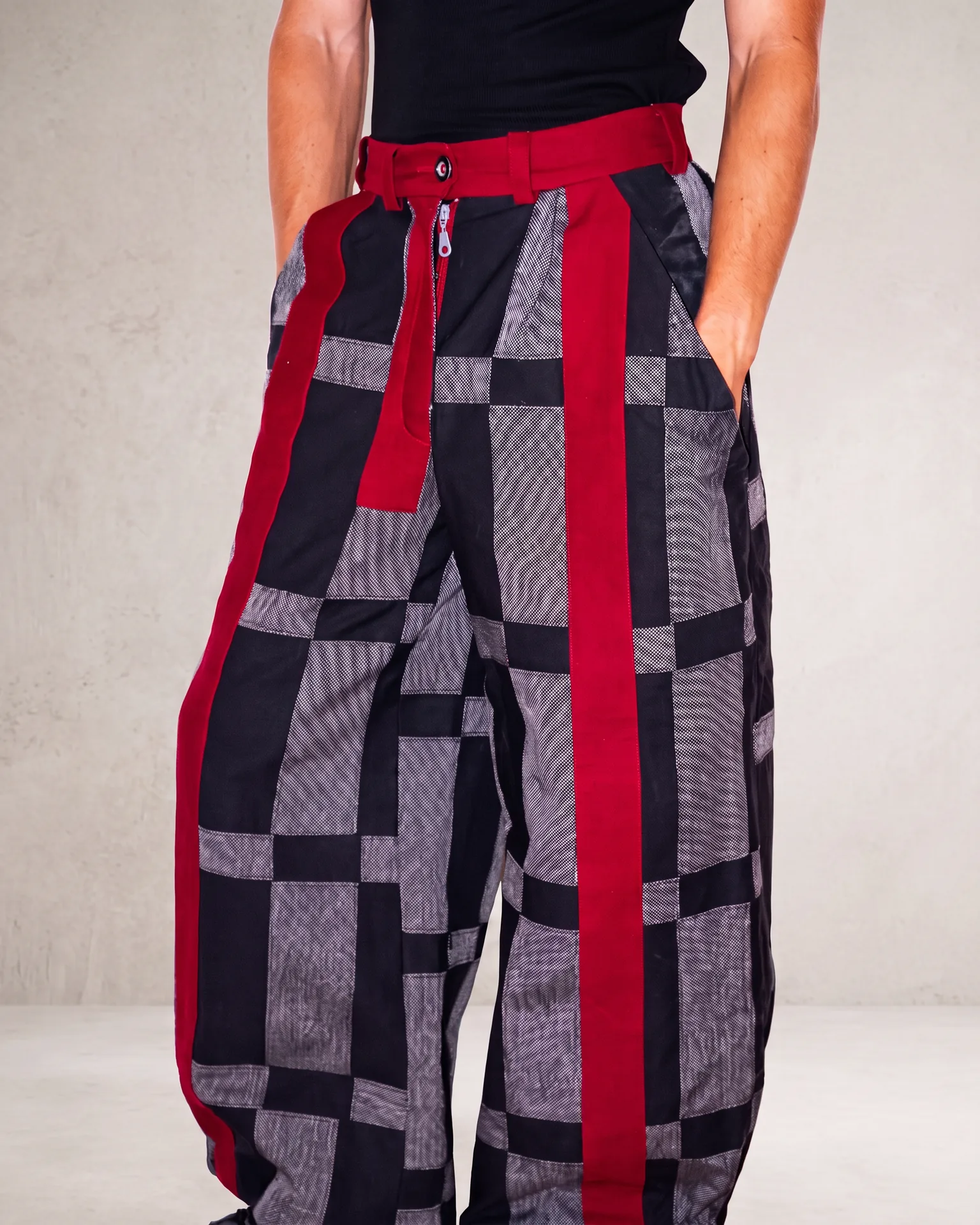 Red stripe checker trouser, front detail