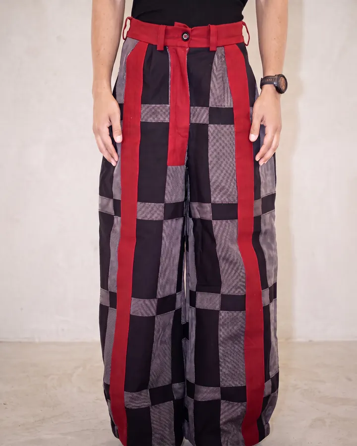 Red stripe checker trouser, front