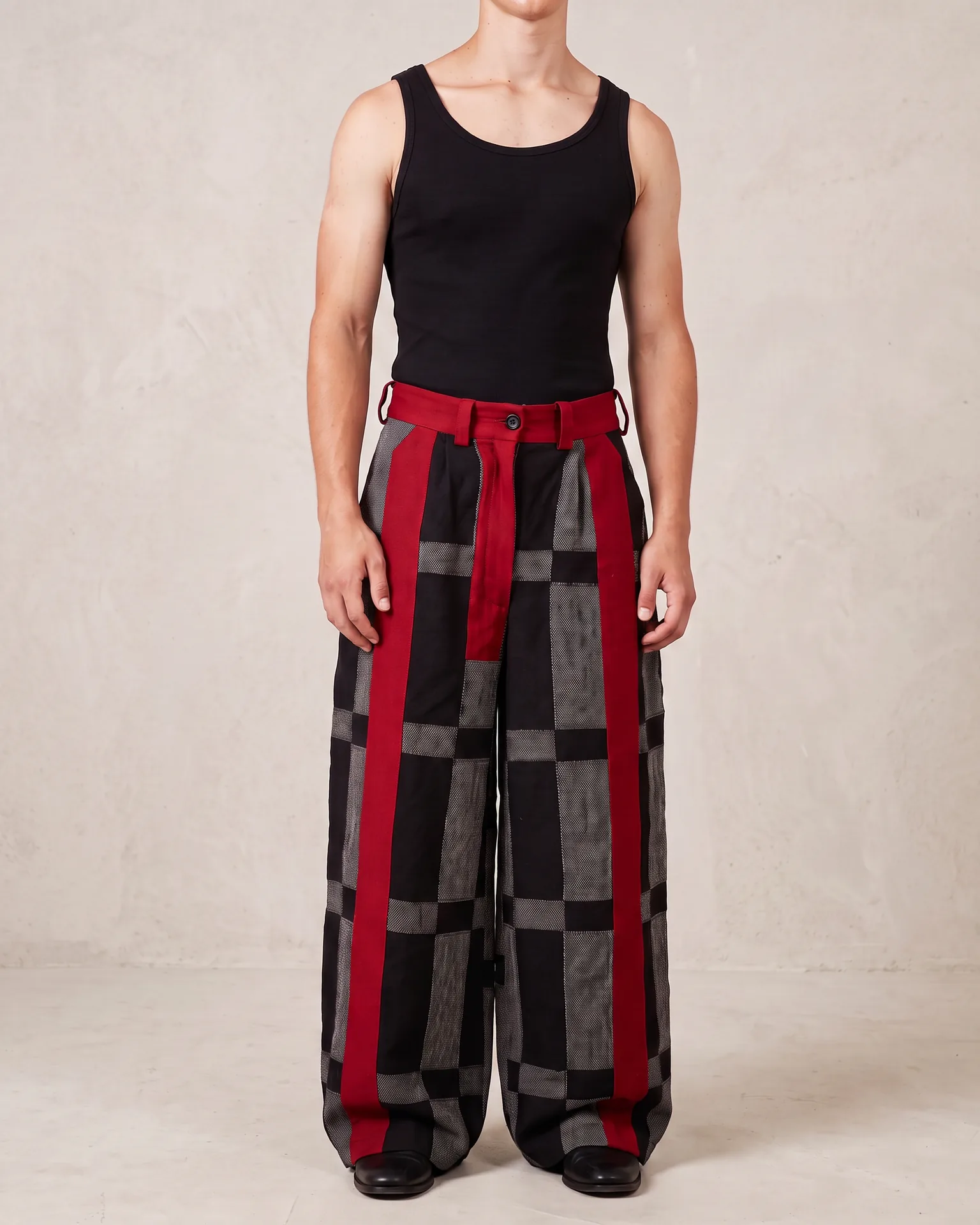 Red stripe checker trouser, full view
