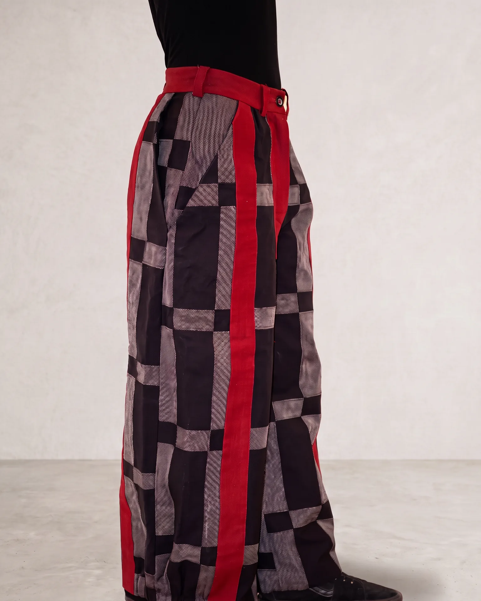 Red stripe checker trouser, side view